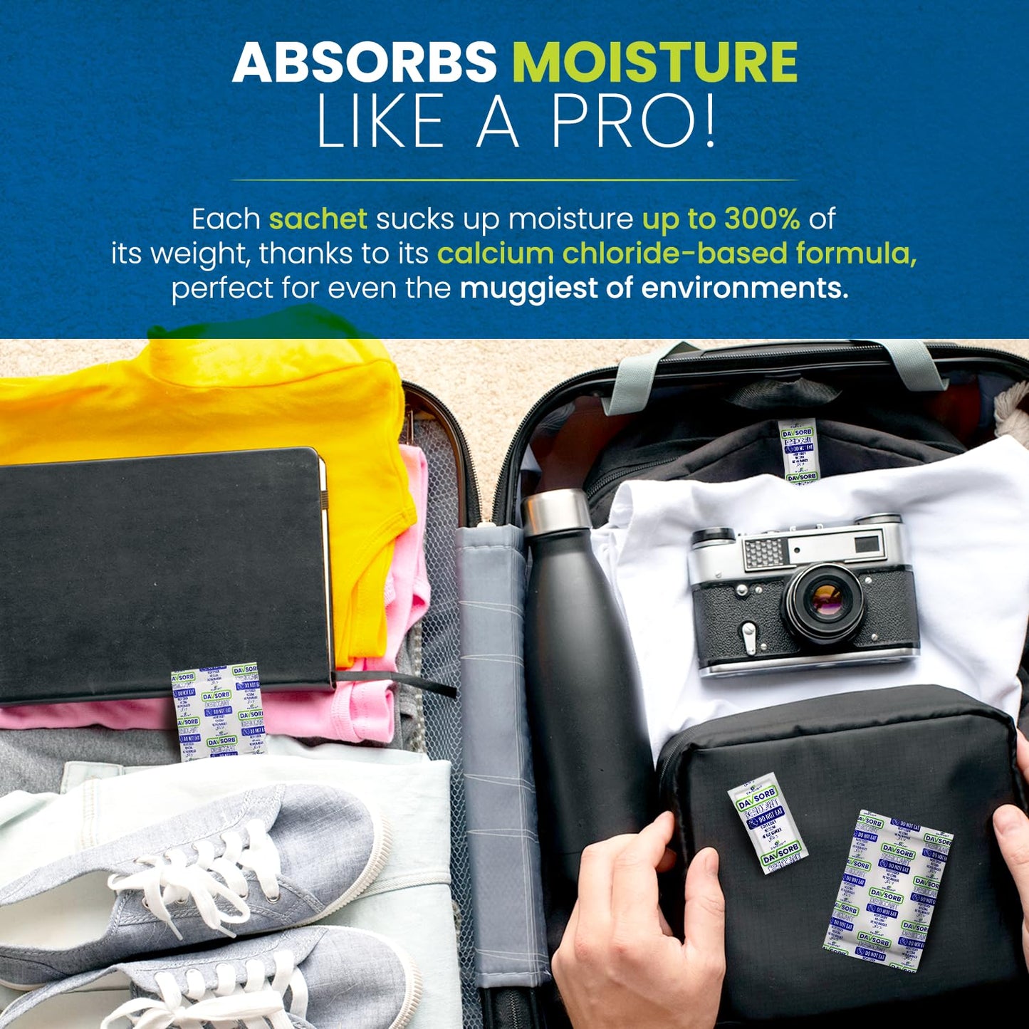 DAVSORB Moisture Absorber Packet - Prevent Fungus, Dampness & Musty Odour - (Approx 50 gm x 15 Packets), White Color